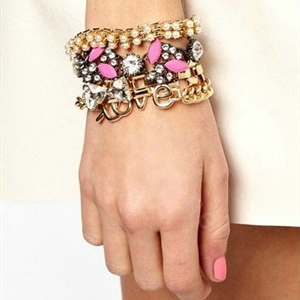 Women Retro Exaggeration Multilayer Crystal Pearl Love Bracelet Jewelry - Gold