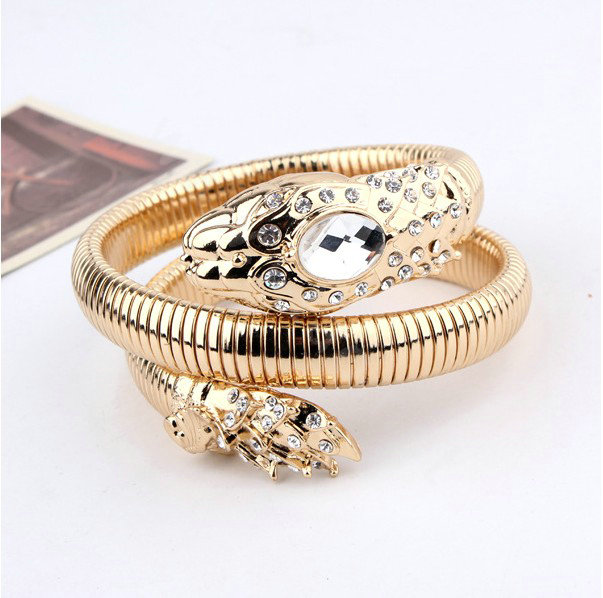 Women Retro Exaggeration Multilayer Rhinestone Crystal Snake Bracelet Jewelry - Gold
