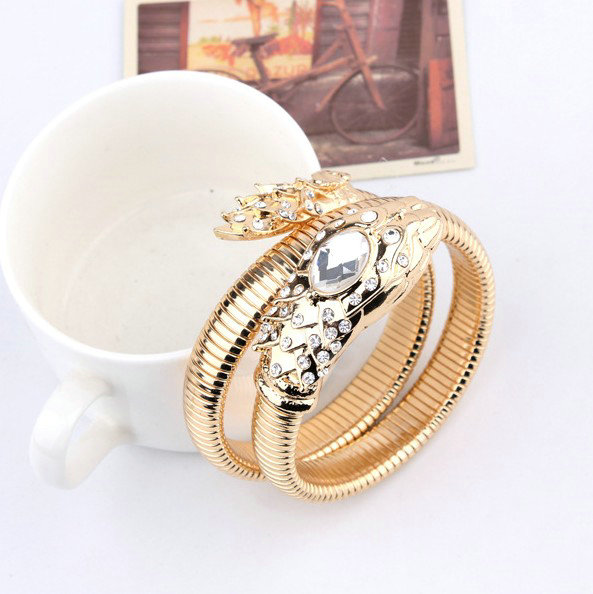 Women Retro Exaggeration Multilayer Rhinestone Crystal Snake Bracelet Jewelry - Gold
