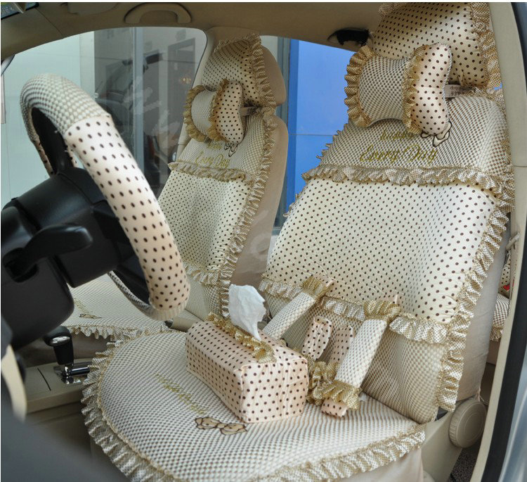 Ayrg Bowknot Dot Lace Universal Auto Car Seat Covers Plush Velvet Full Set 21pcs - Beige