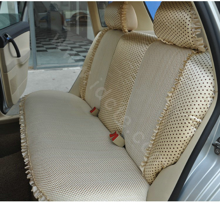 Ayrg Bowknot Dot Lace Universal Auto Car Seat Covers Plush Velvet Full Set 21pcs - Beige