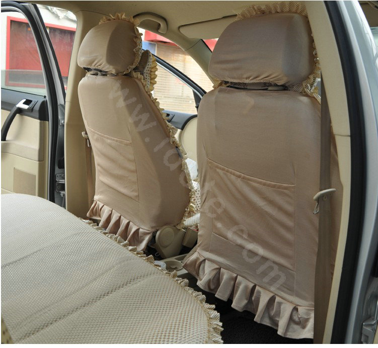 Ayrg Bowknot Dot Lace Universal Auto Car Seat Covers Plush Velvet Full Set 21pcs - Beige
