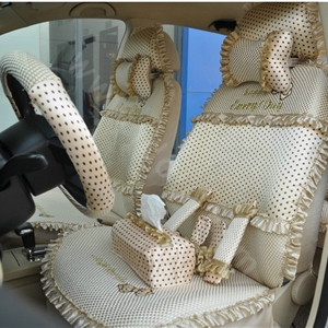 Ayrg Bowknot Dot Lace Universal Auto Car Seat Covers Plush Velvet Full Set 21pcs - Beige