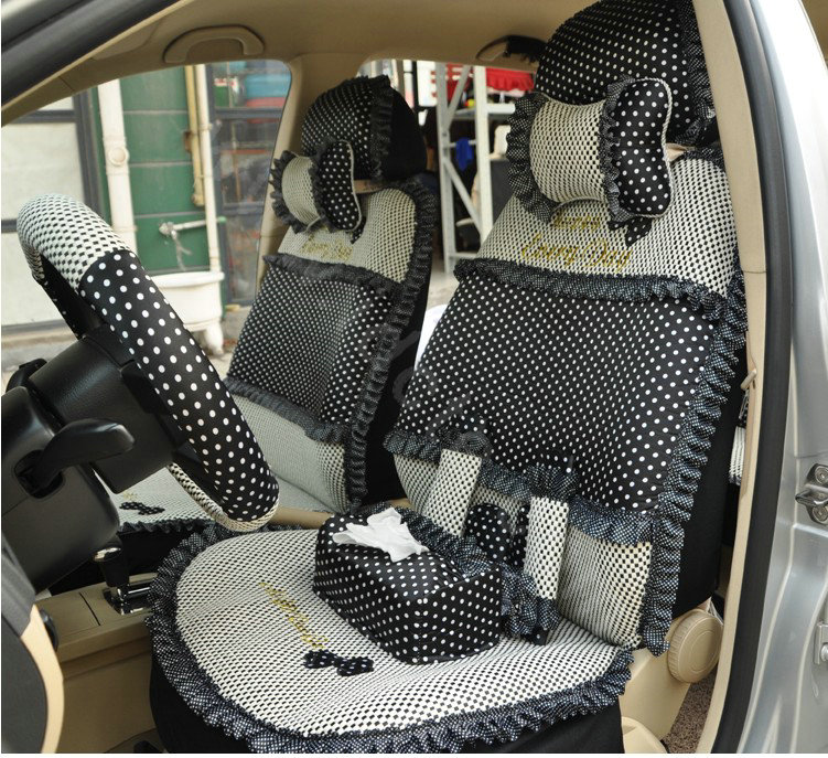 Ayrg Bowknot Dot Lace Universal Auto Car Seat Covers Plush Velvet Full Set 21pcs - Black beige