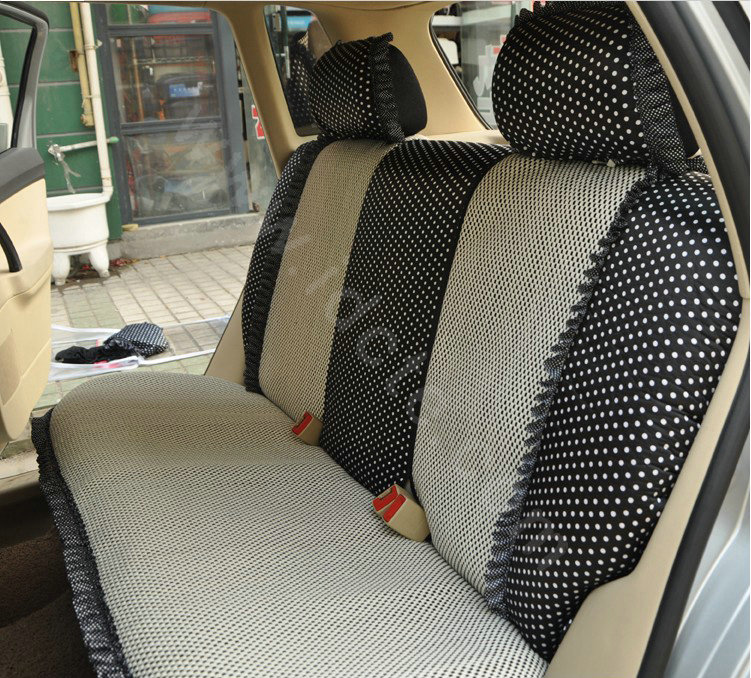 Ayrg Bowknot Dot Lace Universal Auto Car Seat Covers Plush Velvet Full Set 21pcs - Black beige