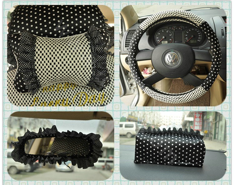Ayrg Bowknot Dot Lace Universal Auto Car Seat Covers Plush Velvet Full Set 21pcs - Black beige