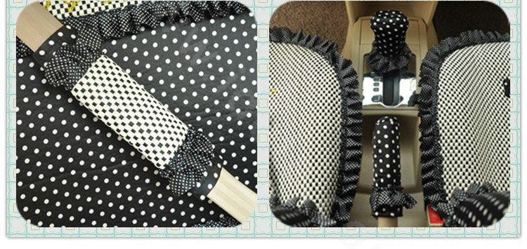 Ayrg Bowknot Dot Lace Universal Auto Car Seat Covers Plush Velvet Full Set 21pcs - Black beige