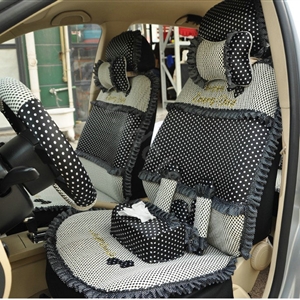 Ayrg Bowknot Dot Lace Universal Auto Car Seat Covers Plush Velvet Full Set 21pcs - Black beige