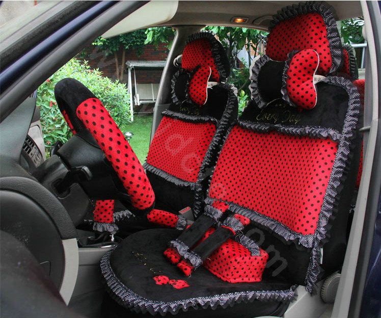 Ayrg Bowknot Dot Lace Universal Auto Car Seat Covers Plush Velvet Full Set 21pcs - Black red