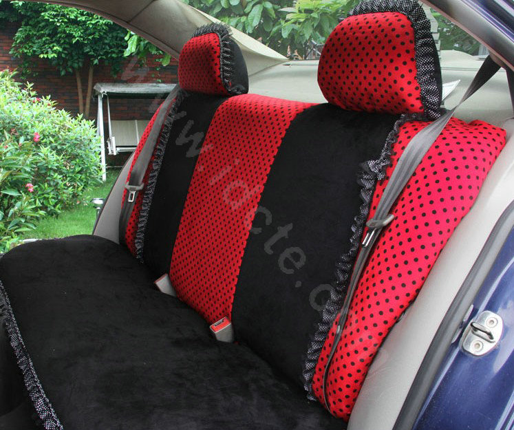 Ayrg Bowknot Dot Lace Universal Auto Car Seat Covers Plush Velvet Full Set 21pcs - Black red
