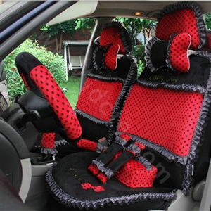 Ayrg Bowknot Dot Lace Universal Auto Car Seat Covers Plush Velvet Full Set 21pcs - Black red