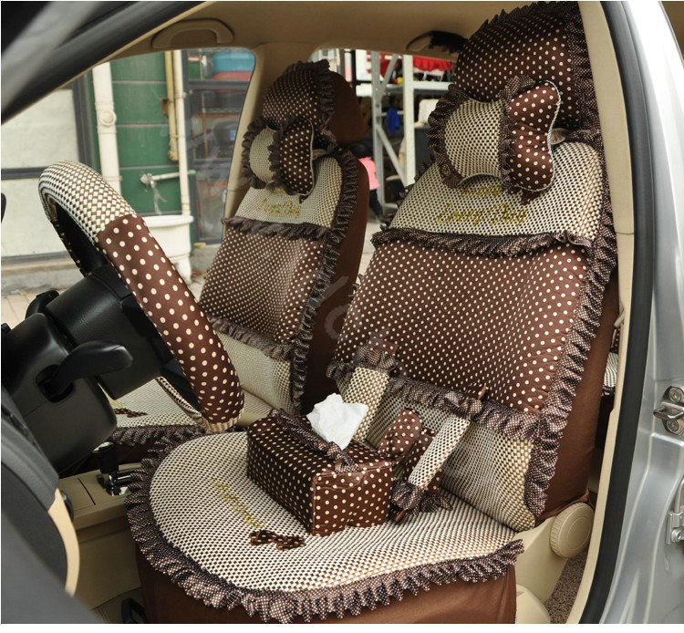 Ayrg Bowknot Dot Lace Universal Auto Car Seat Covers Plush Velvet Full Set 21pcs - Coffee beige