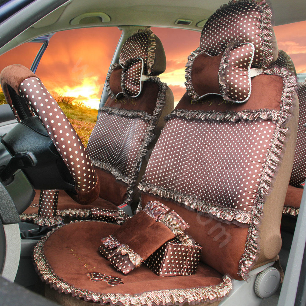 Ayrg Bowknot Dot Lace Universal Auto Car Seat Covers Plush Velvet Full Set 21pcs - Coffee