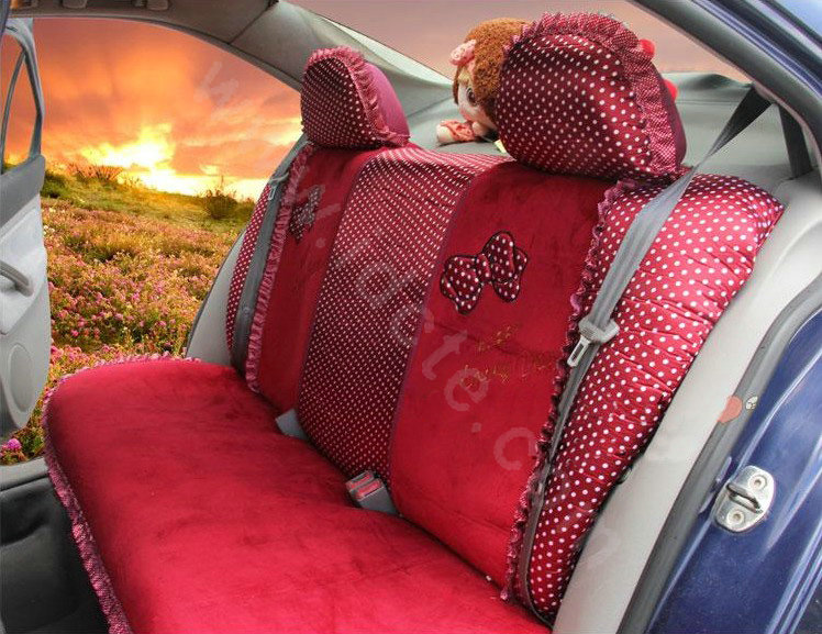 Ayrg Bowknot Dot Lace Universal Auto Car Seat Covers Plush Velvet Full Set 21pcs - Red