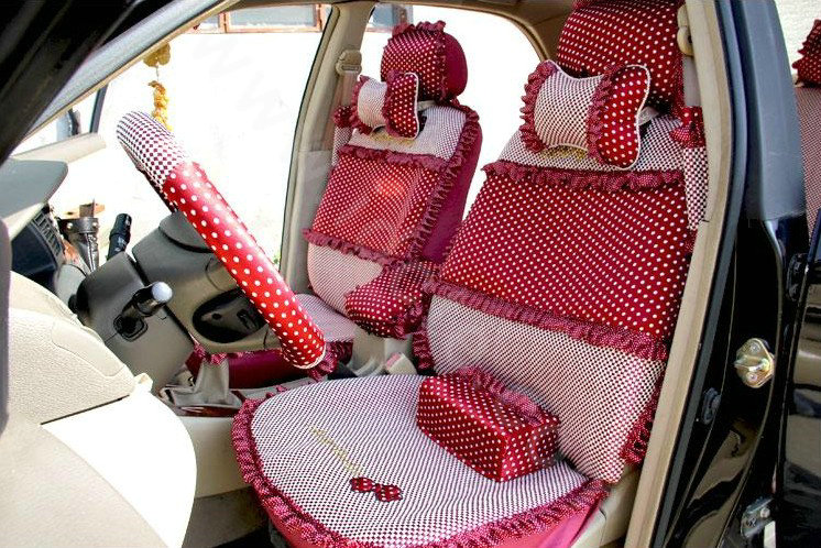 Ayrg Bowknot Dot Lace Universal Auto Car Seat Covers Plush Velvet Full Set 21pcs - Red pink