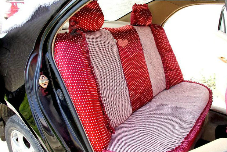 Ayrg Bowknot Dot Lace Universal Auto Car Seat Covers Plush Velvet Full Set 21pcs - Red pink