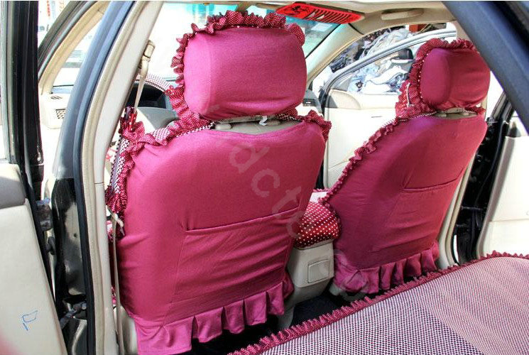 Ayrg Bowknot Dot Lace Universal Auto Car Seat Covers Plush Velvet Full Set 21pcs - Red pink