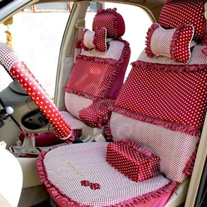 Ayrg Bowknot Dot Lace Universal Auto Car Seat Covers Plush Velvet Full Set 21pcs - Red pink