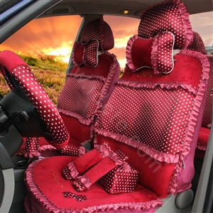Ayrg Bowknot Dot Lace Universal Auto Car Seat Covers Plush Velvet Full Set 21pcs - Red