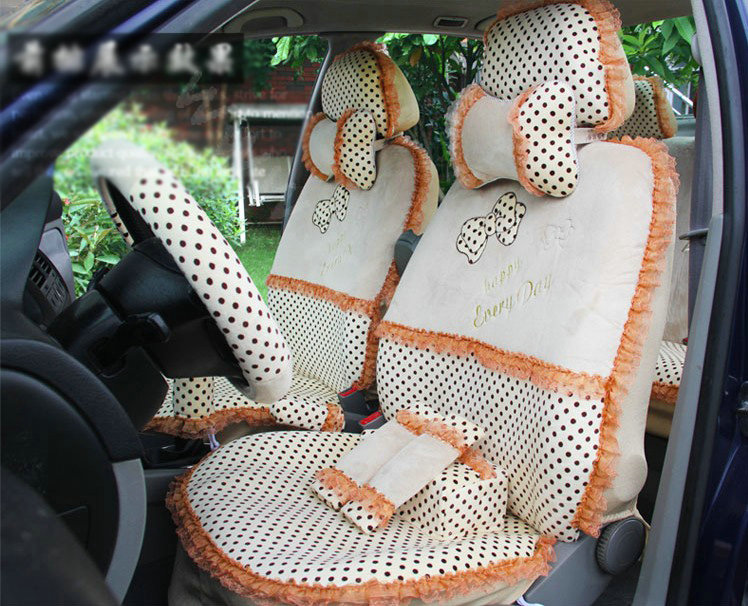 Ayrg Bowknot Dot Lace Universal Auto Car Seat Covers Velvet Plush Full Set 19pcs - Beige