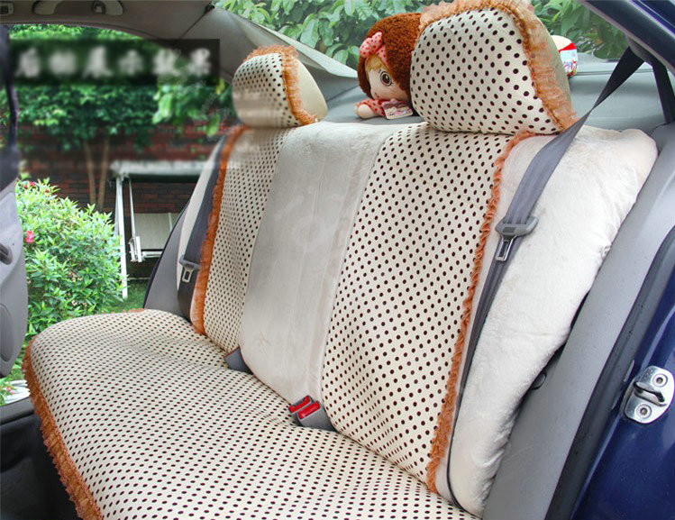 Ayrg Bowknot Dot Lace Universal Auto Car Seat Covers Velvet Plush Full Set 19pcs - Beige
