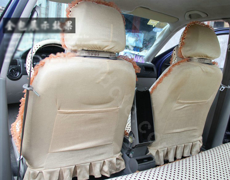 Ayrg Bowknot Dot Lace Universal Auto Car Seat Covers Velvet Plush Full Set 19pcs - Beige