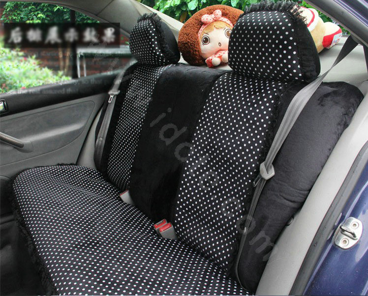 Ayrg Bowknot Dot Lace Universal Auto Car Seat Covers Velvet Plush Full Set 19pcs - Black