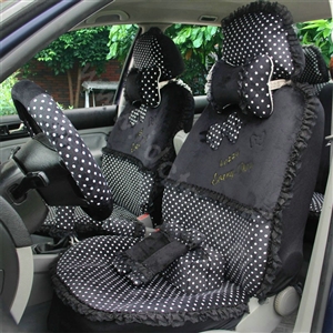 Ayrg Bowknot Dot Lace Universal Auto Car Seat Covers Velvet Plush Full Set 19pcs - Black