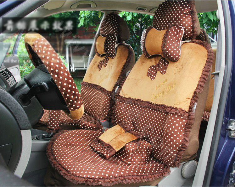Ayrg Bowknot Dot Lace Universal Auto Car Seat Covers Velvet Plush Full Set 19pcs - Coffee