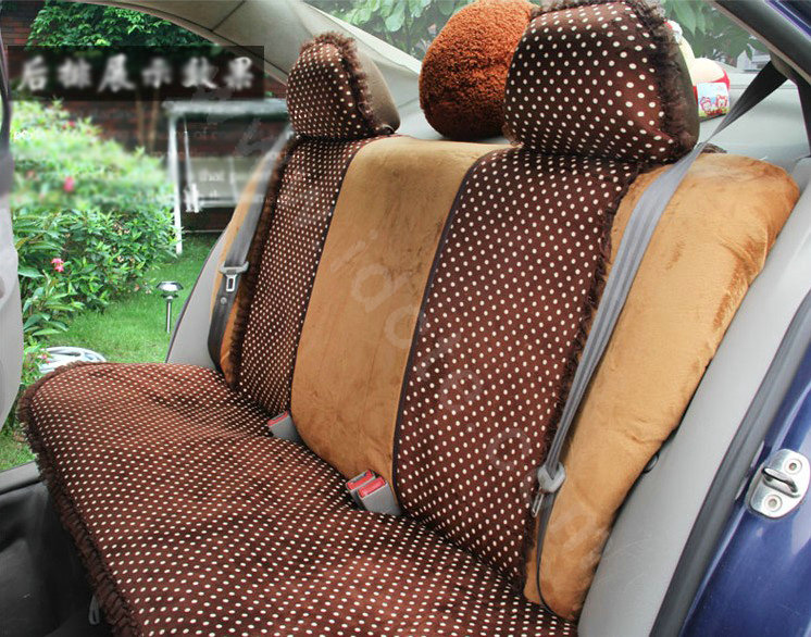Ayrg Bowknot Dot Lace Universal Auto Car Seat Covers Velvet Plush Full Set 19pcs - Coffee