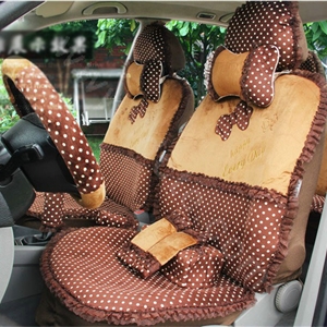 Ayrg Bowknot Dot Lace Universal Auto Car Seat Covers Velvet Plush Full Set 19pcs - Coffee