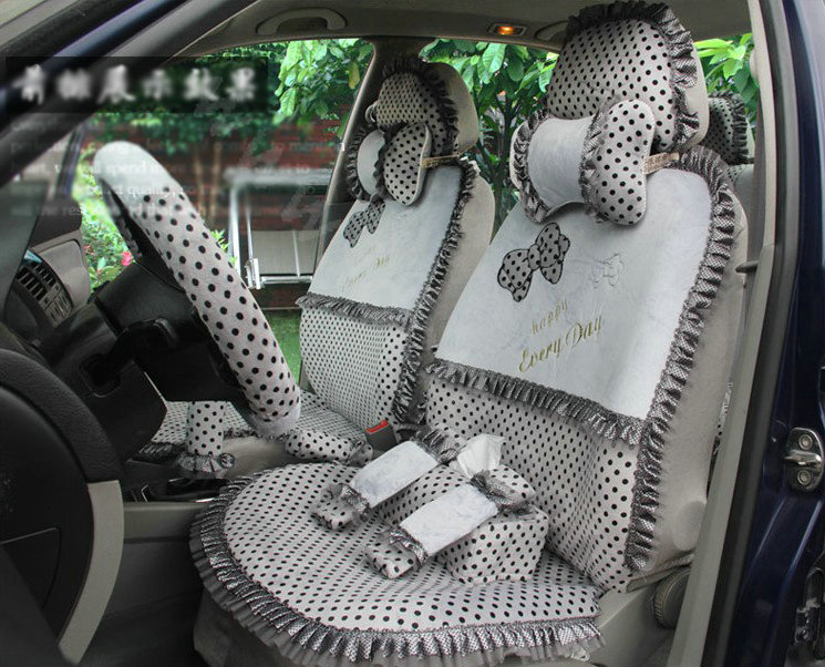 Ayrg Bowknot Dot Lace Universal Auto Car Seat Covers Velvet Plush Full Set 19pcs - Grey