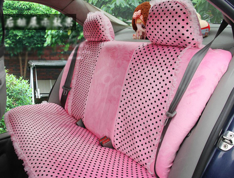 Ayrg Bowknot Dot Lace Universal Auto Car Seat Covers Velvet Plush Full Set 19pcs - Pink