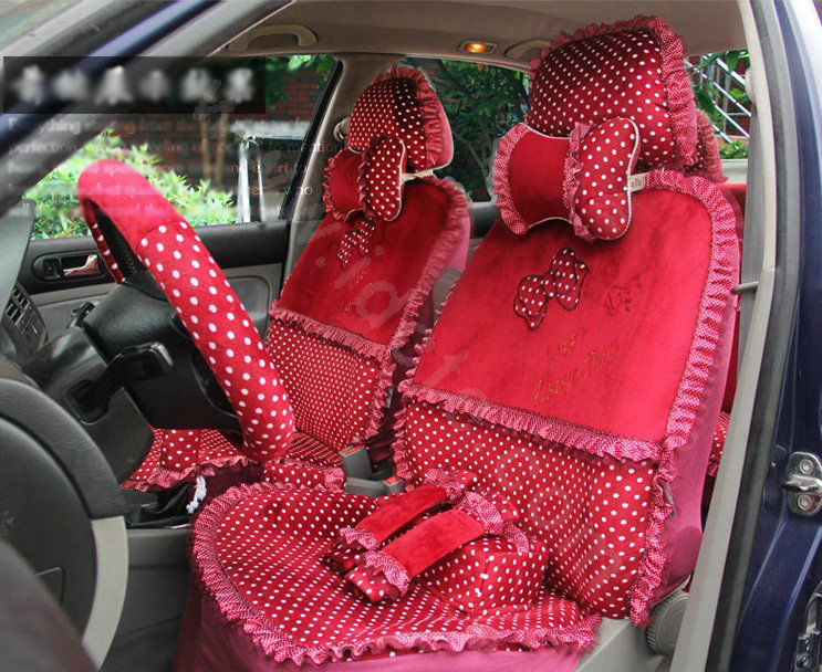 Ayrg Bowknot Dot Lace Universal Auto Car Seat Covers Velvet Plush Full Set 19pcs - Red