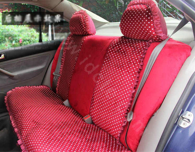 Ayrg Bowknot Dot Lace Universal Auto Car Seat Covers Velvet Plush Full Set 19pcs - Red