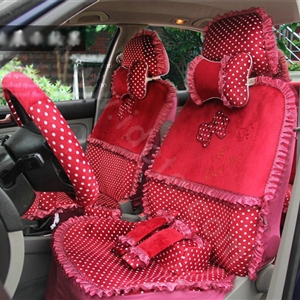 Ayrg Bowknot Dot Lace Universal Auto Car Seat Covers Velvet Plush Full Set 19pcs - Red