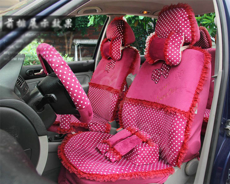 Ayrg Bowknot Dot Lace Universal Auto Car Seat Covers Velvet Plush Full Set 19pcs - Rose