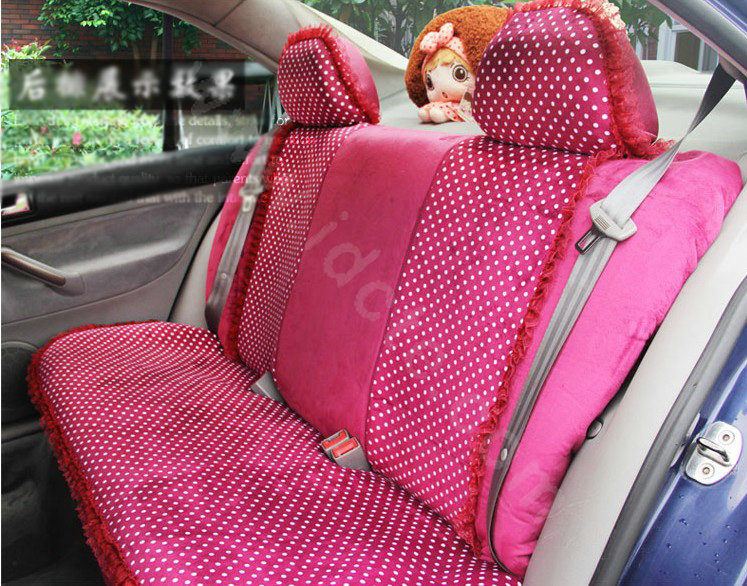 Ayrg Bowknot Dot Lace Universal Auto Car Seat Covers Velvet Plush Full Set 19pcs - Rose