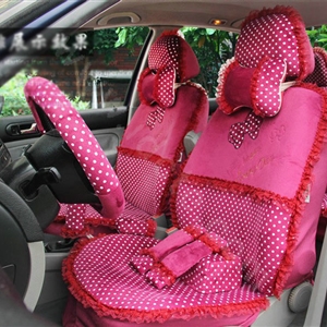 Ayrg Bowknot Dot Lace Universal Auto Car Seat Covers Velvet Plush Full Set 19pcs - Rose