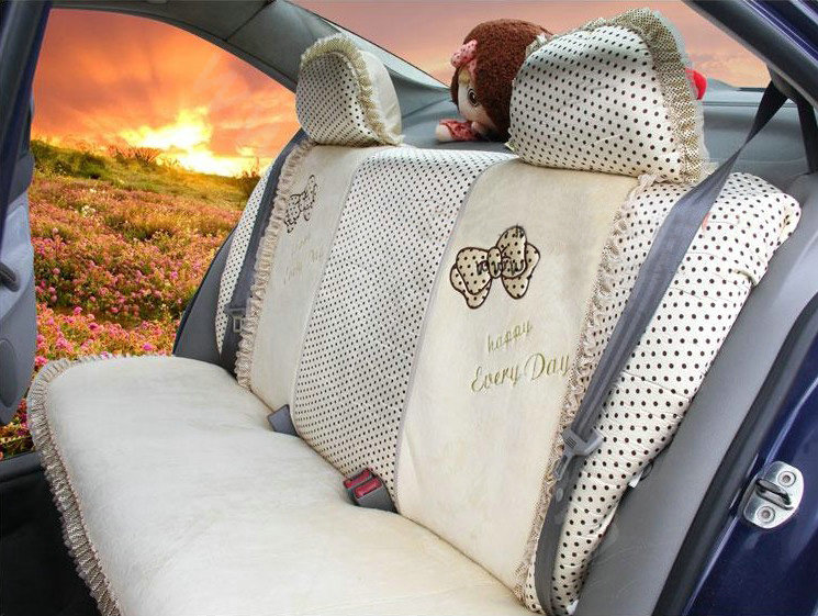 Ayrg Bowknot Dot Lace Universal Auto Car Seat Covers Velvet Plush Full Set 21pcs - Beige