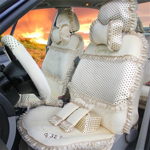 Ayrg Bowknot Dot Lace Universal Auto Car Seat Covers Velvet Plush Full Set 21pcs - Beige