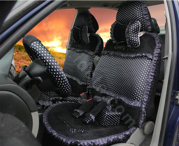 Ayrg Bowknot Dot Lace Universal Auto Car Seat Covers Velvet Plush Full Set 21pcs - Black
