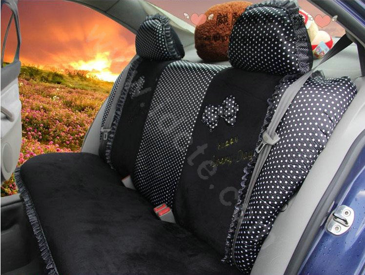 Ayrg Bowknot Dot Lace Universal Auto Car Seat Covers Velvet Plush Full Set 21pcs - Black