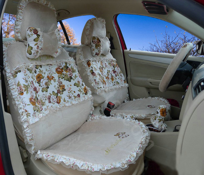 Ayrg Bowknot Floral Lace Universal Auto Car Seat Covers Velvet Plush Full Set 19pcs - Beige