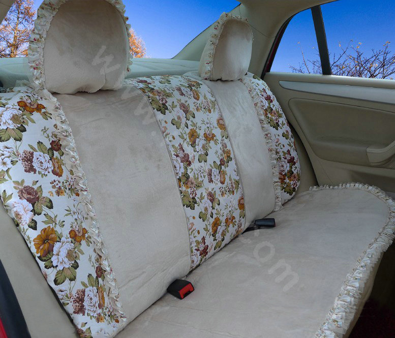 Ayrg Bowknot Floral Lace Universal Auto Car Seat Covers Velvet Plush Full Set 19pcs - Beige