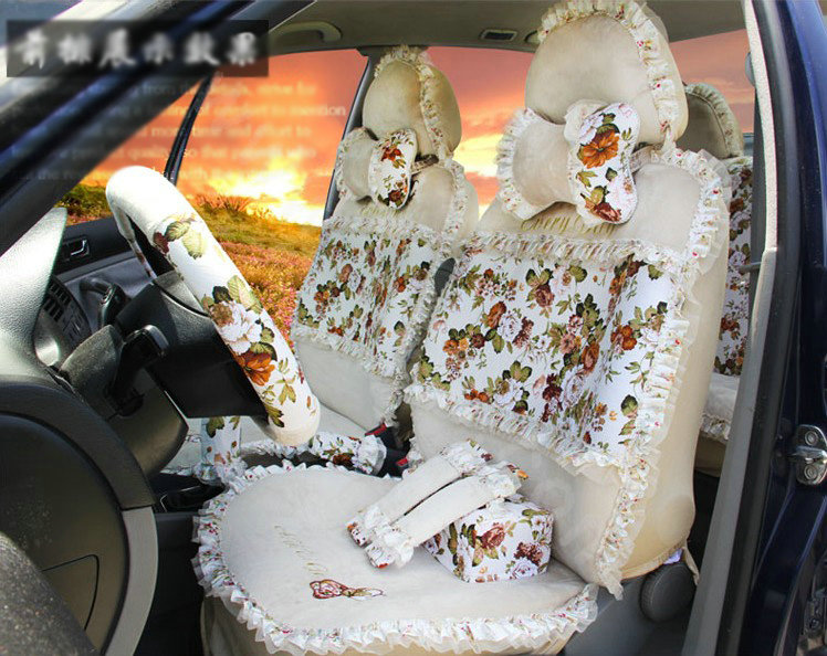 Ayrg Bowknot Floral Lace Universal Auto Car Seat Covers Velvet Plush Full Set 19pcs - Beige