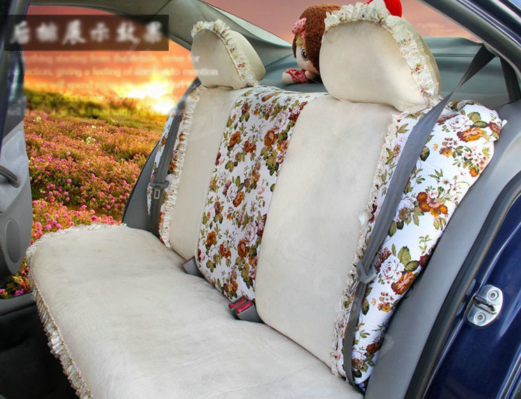 Ayrg Bowknot Floral Lace Universal Auto Car Seat Covers Velvet Plush Full Set 19pcs - Beige