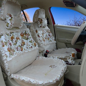 Ayrg Bowknot Floral Lace Universal Auto Car Seat Covers Velvet Plush Full Set 19pcs - Beige