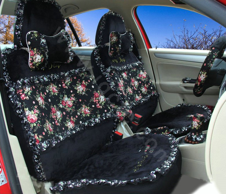 Ayrg Bowknot Floral Lace Universal Auto Car Seat Covers Velvet Plush Full Set 19pcs - Black
