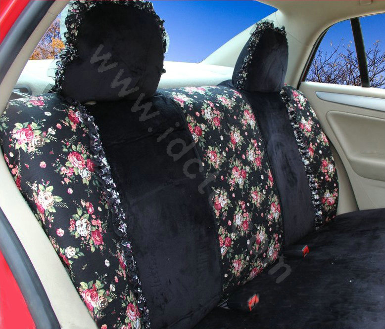 Ayrg Bowknot Floral Lace Universal Auto Car Seat Covers Velvet Plush Full Set 19pcs - Black